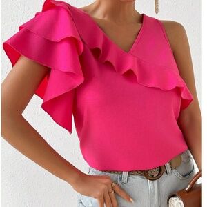 Boho Hot Pink Ruffle Sleeve Loose Fit Blouse
